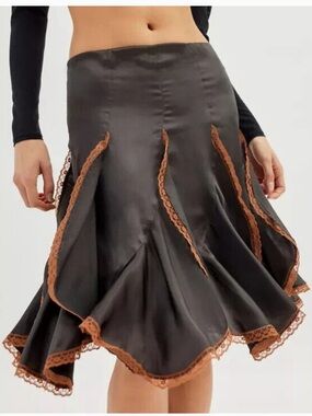 Urban Outfitters Black Silky Midi Skirt with Orange Lace Trim Women’s Size SP